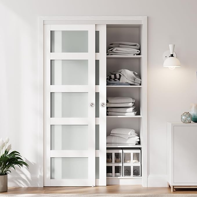 sliding closet door for opening, 5-lite frosted glass barn doors with hardware kit included, preassembled mdf closet doors, white