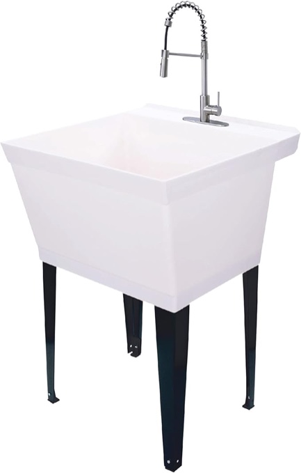 utility sink extra-deep laundry tub in white with high-arc stainless steel coil pull-down sprayer faucet, integrated supply lines, p-trap kit, heavy duty floor mounted freestanding wash station