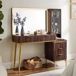 T4TREAM 48" Fluted Makeup Vanity Desk with Large 36" Mirror and Lights, Modern Glass Top Big Vanity Table with 5 Drawers & Adjustable Shelves, Dressing Table Set w/Charging Station for Bedroom, dark walnut (incomplete one box of two only)
