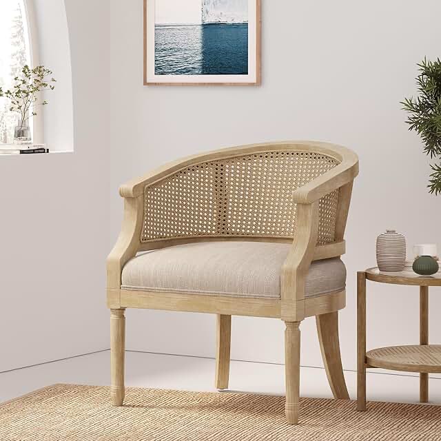 French Country Accent Chair for Living Room, Mid Century Modern Reading Armchair with Cushion and Slender Turned Legs, Single Sofa Chair with Rattan Backrest for Bedroom, Club, Beige