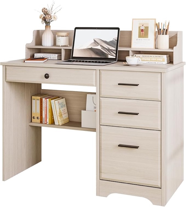 small desk with 4 drawers, computer desk with storage & monitor stand for small spaces, office desk with file drawer & shelves for bedroom, wood writing desk for home office, milky white