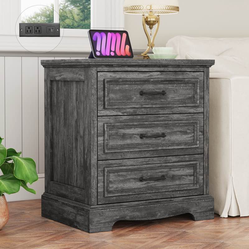 Farmhouse Nightstand with Charging Station, Wide End Table with 3 Large Drawer for Bedroom Modern Bedside Table Storage Cabinet,Wood Small Dresser Drawer Chest for Living Room, Closet,Hallway, Office Entryway, Dark Gray