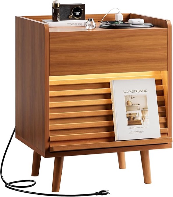 REAHOME - Striated bedside table with charging station and LED lights, wooden bedside table with 2 drawers with striated storage shelf and storage shelf, modern side table