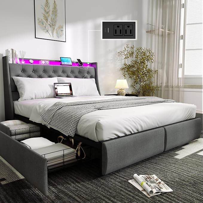 Queen Size Bed Frame with 4 Storage Drawers and LED Lights, Queen Bed Frame with Upholstered Headboard and Charging Station, Steel Slat Support, No Box Spring Needed, Noise-Free, Easy Assembly, Gray (similar) (Box 1 of 2 only)