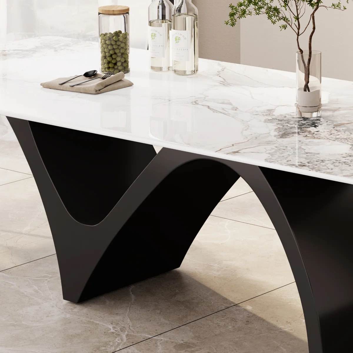 Modern Rectangular Dining Table, Glossy White Kitchen Table with Sintered Stone Table-top, N-Shaped Steel Legs By Orren Ellis (INCOMPLETE ONLY BASE METAL)