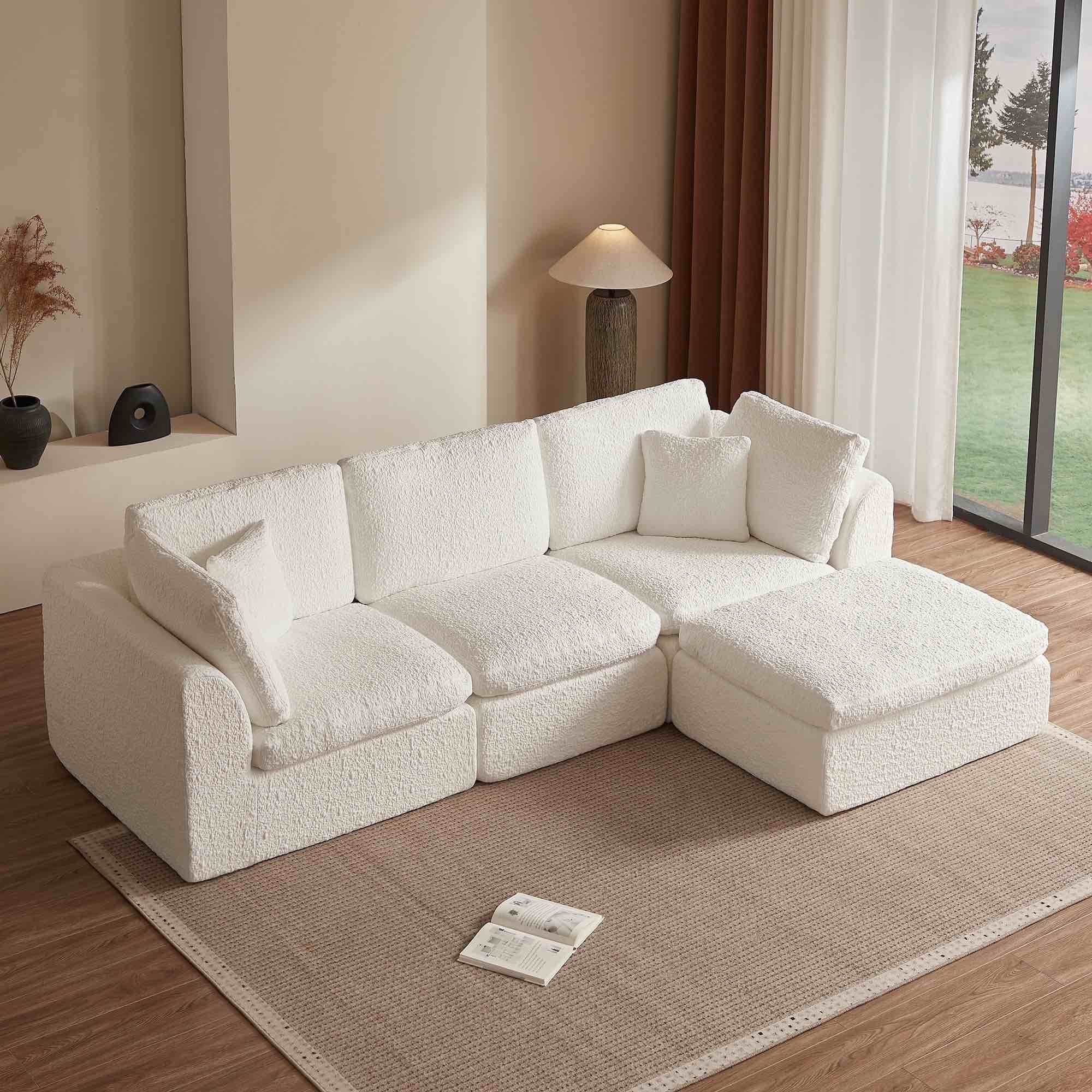  110" Cloud Sectional Couches for Living Room, Convertible L-Shape Couch with Ottoman, 3 Seater Modular Sectional Sofa, Warm White, 0 of 10      BINBANK 110" Cloud Sectional Couches for Living Room, Convertible L-Shape Couch with Ottoman, 3 Seater Modular Sectional Sofa, Warm White (A little stained. Look at the photo.)