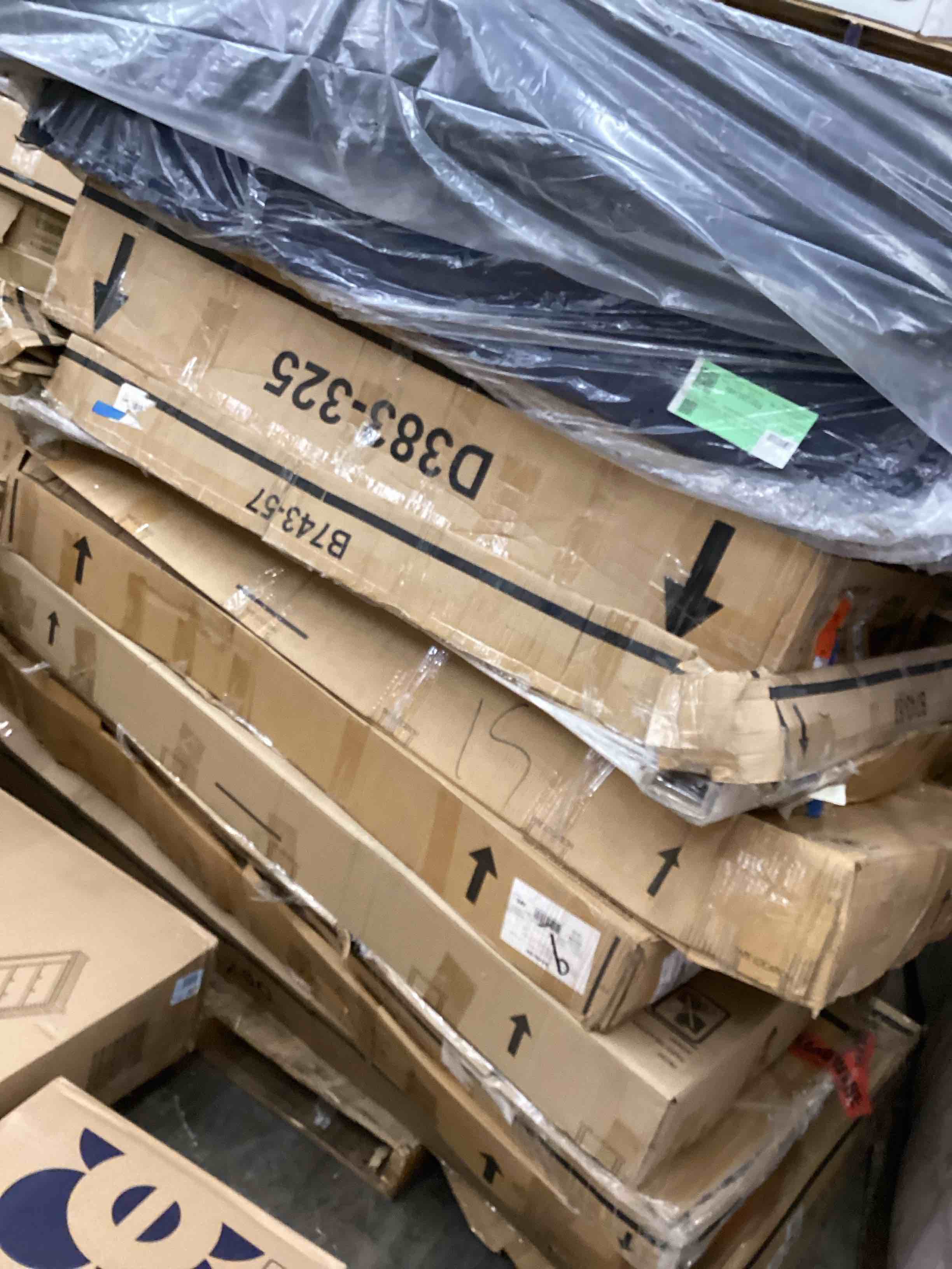 pallet lot of Items Includes: panels footboard/ panels headboards/ Bunk beds panels/ high profile foundation (Variety of Sizes, styles and colors)  