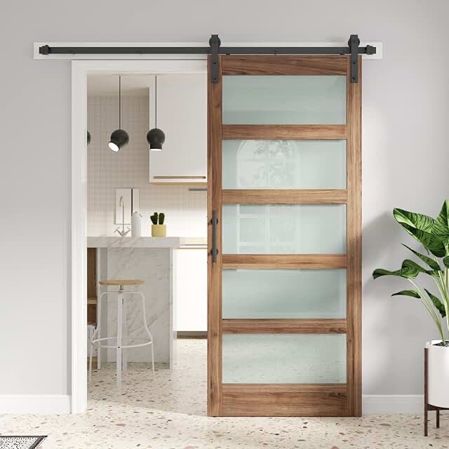 glass barn door with 6.6ft barn door hardware kit & handle included,5-panel frosted glass, water-proof surface,pre-drilled holes,need assembly