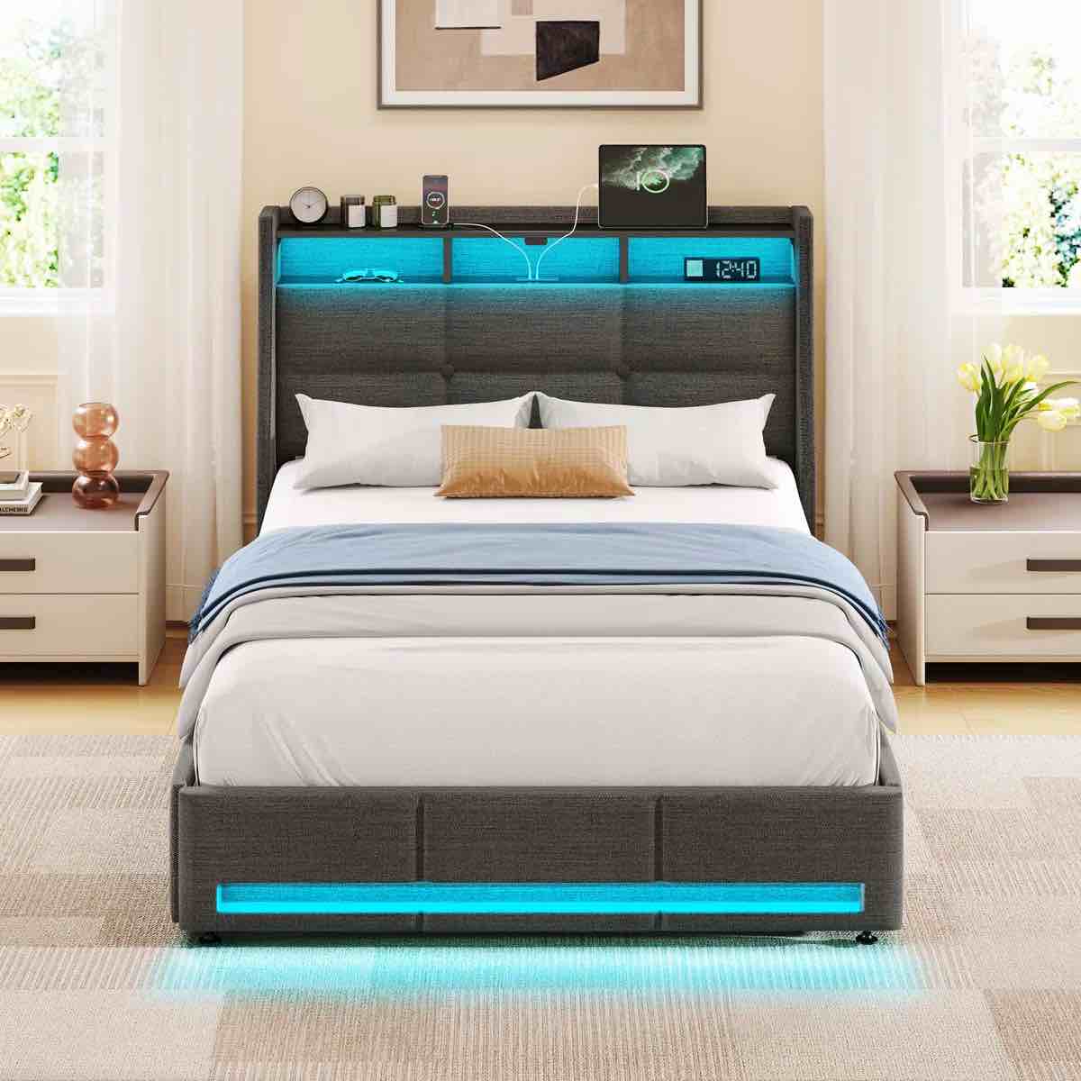 Upholstered Platform Twin Bed Frame with Wingback Headboard, LED Lights & 4 Storage Drawers