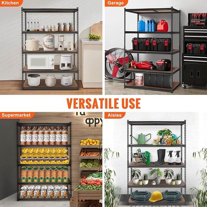 VEVOR Storage Shelving Unit, 5-Tier Adjustable, 2000 lbs Capacity, Heavy Duty Garage Shelves Metal Organizer Utility Rack, Black, 48" L x 24" W x 72" H for Kitchen Pantry Basement Bathroom 