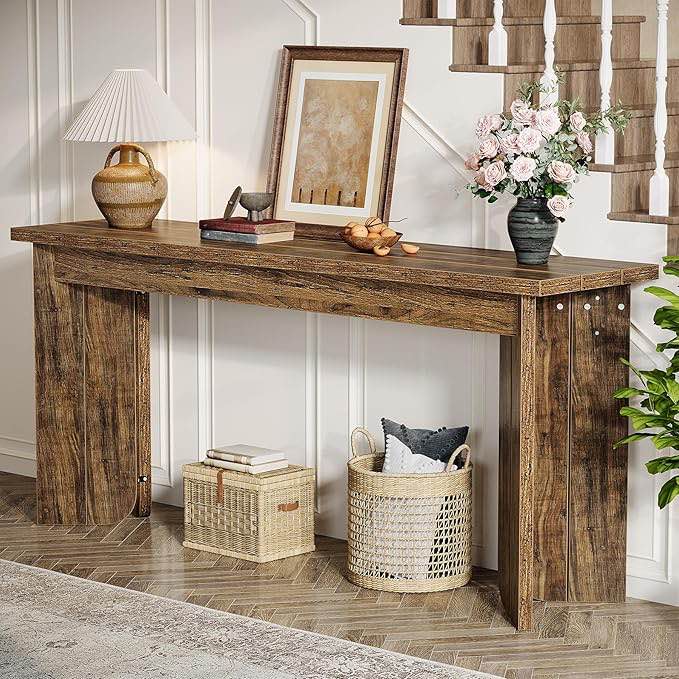 tribesigns farmhouse console table, 70.9-inch extra long console table, wood sofa table behind couch with widened tabletop & sturdy double pedestal for living room, hallway, foyer (rustic brown) (similar)