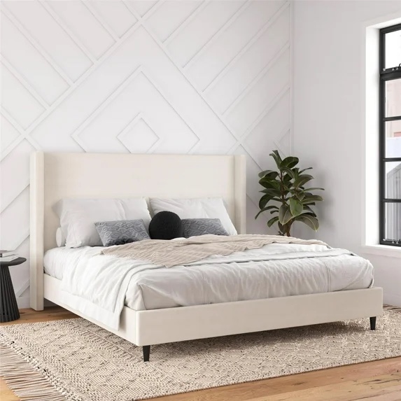 dhp eveline upholstered platform bed frame with high wingback headboard, king, textured ivory canvas ((incomplete only box #1 of 2 headboard only) 