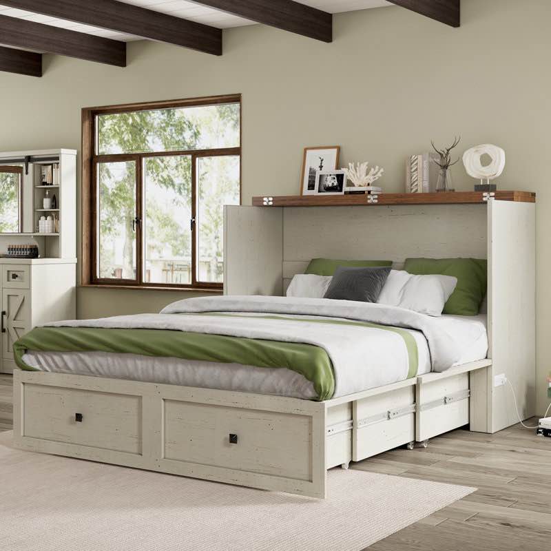 wilkinson farmhouse queen murphy bed with large storage drawer & charging station, white by gracie oaks ((incomplete only one box) 
