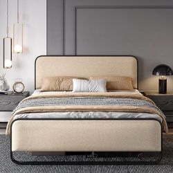 queen size platform metal bed frame with curved upholstered headboard and footboard, large under bed storage, no box spring needed, modern (incomplete one box of two only)