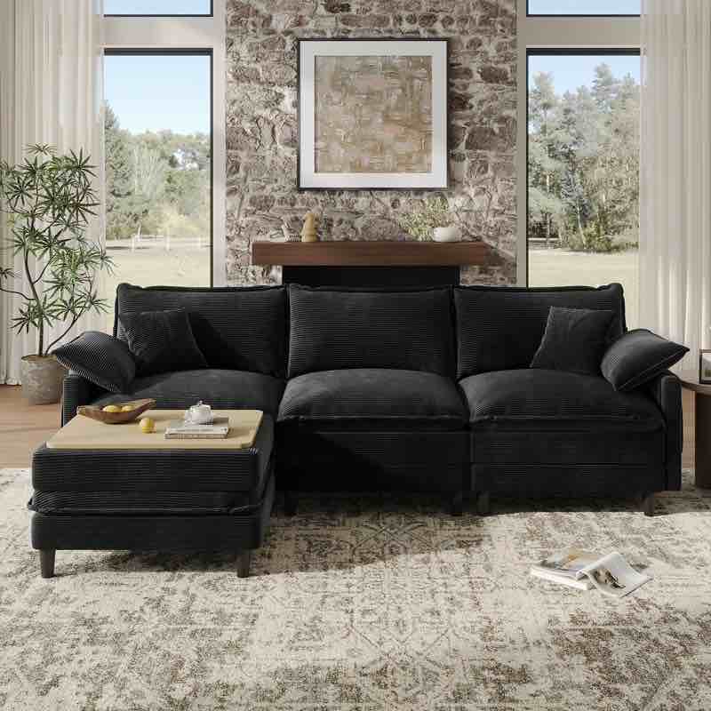 108'' comfy l shaped sectional modular deep cloud sofa with ottoman- premium fabric (incomplete one box only)