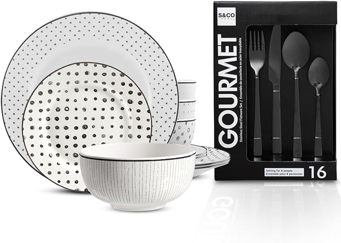 28 Piece Designer Exclusive Combo Set | 12 Piece Dinnerware Set Sketch & 16 Piece Set Flatware Set Black, Service for 4, Dishwasher Safe, Plates, Soup or Cereal Bowls, Mugs, Forks, Spoon