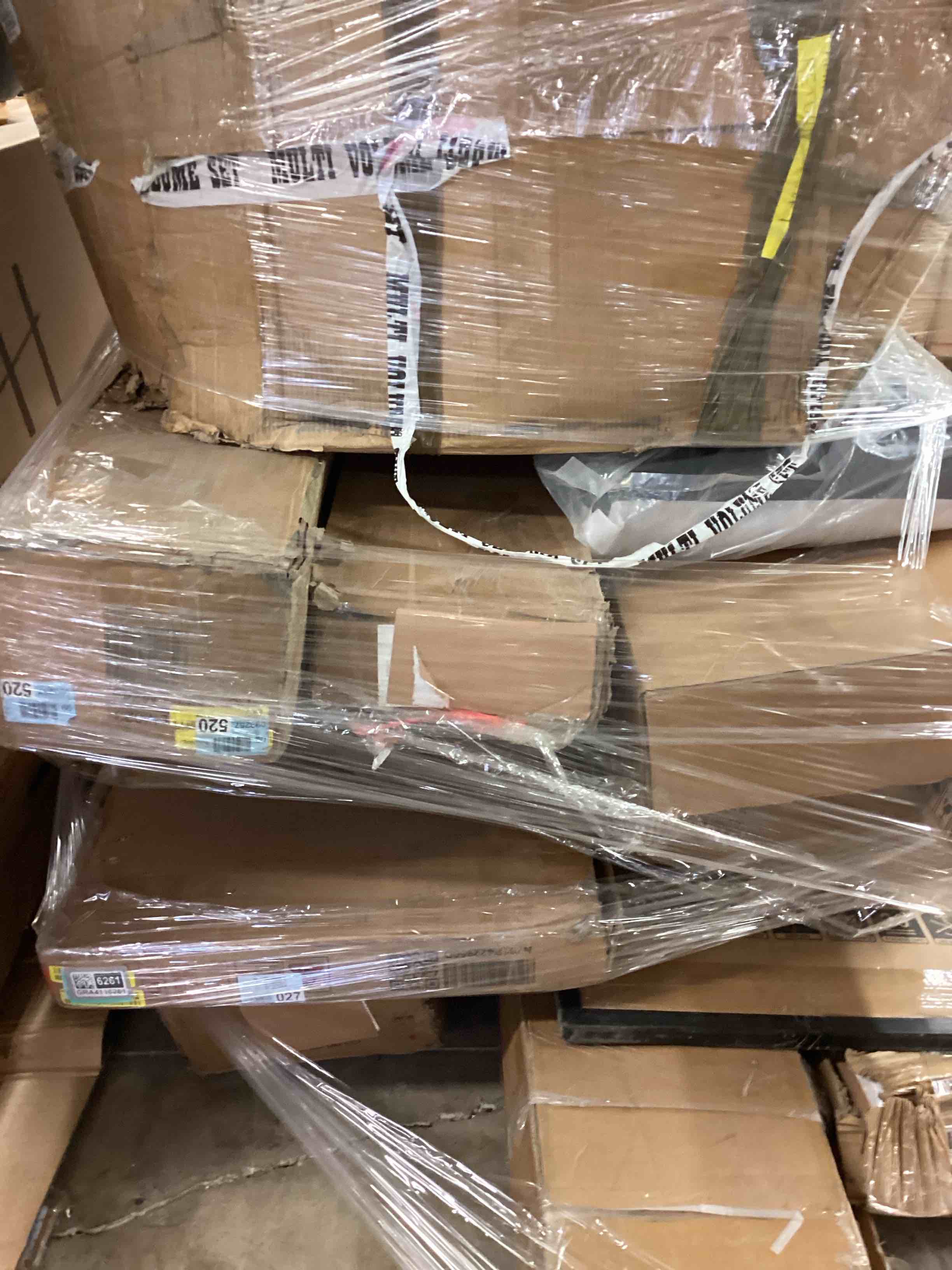 pallet lot of furniture items (pedestal desk ,incomplete sofas, dining chairs, headboard bed and more)