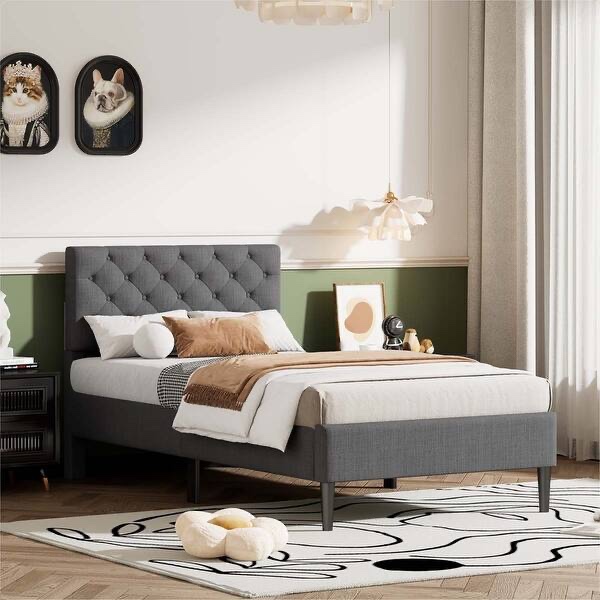 upholstered linen platform bed twin size