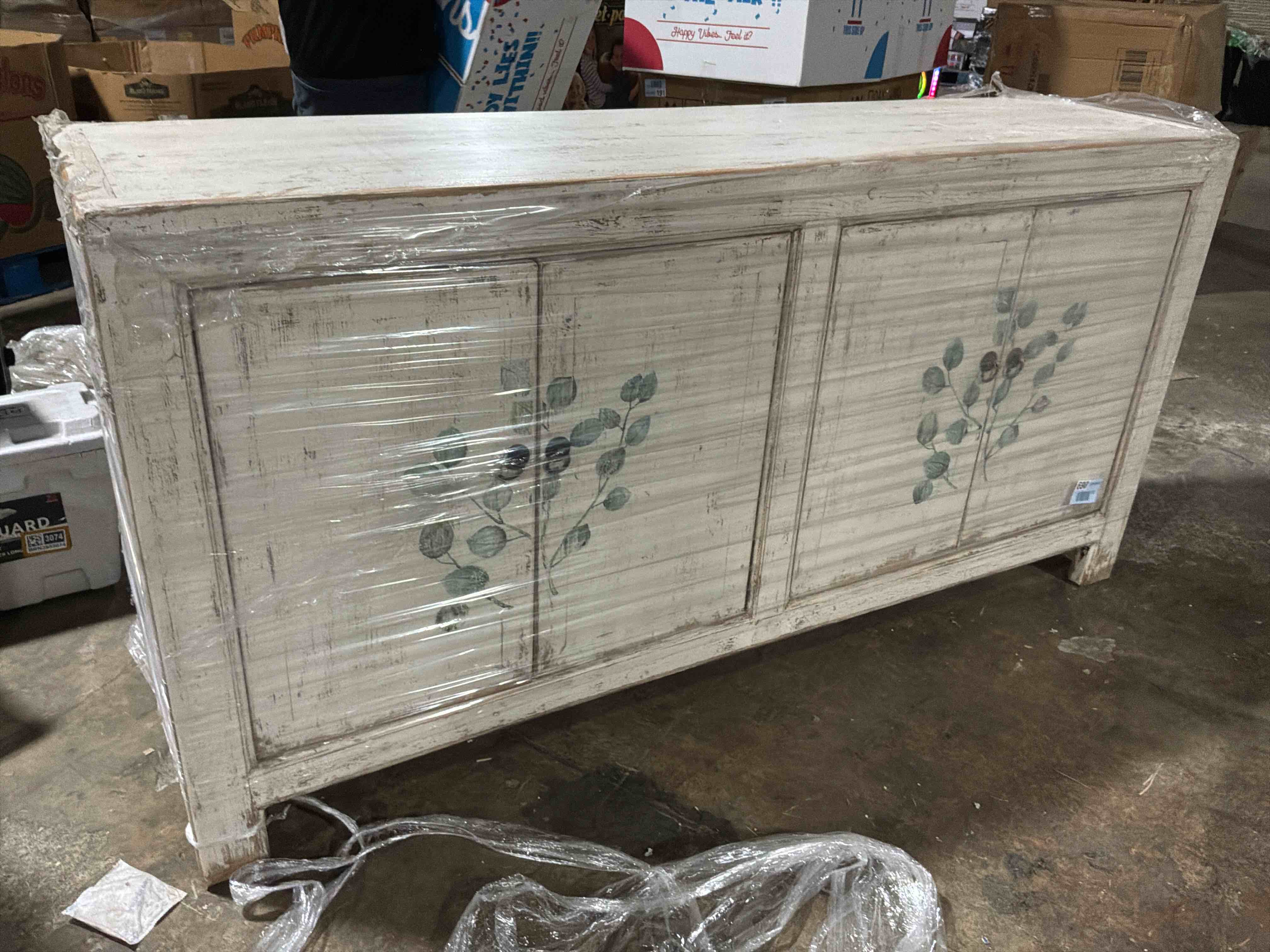Condition photo showing Good Condition for tropea distressed white 4-door sideboard - elegant pinewood storage solution for any room