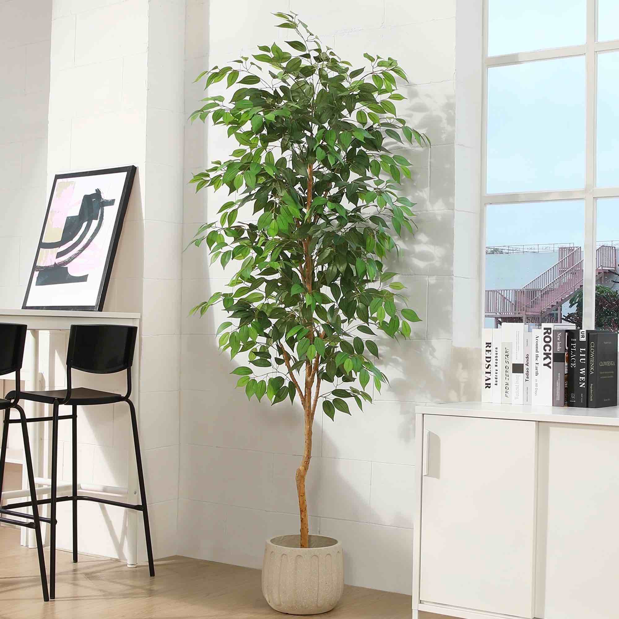 7ft artificial ficus tree with natural wood trunk and lifelike leaves, silk fake potted tree with wood branches, faux tree for office home decor