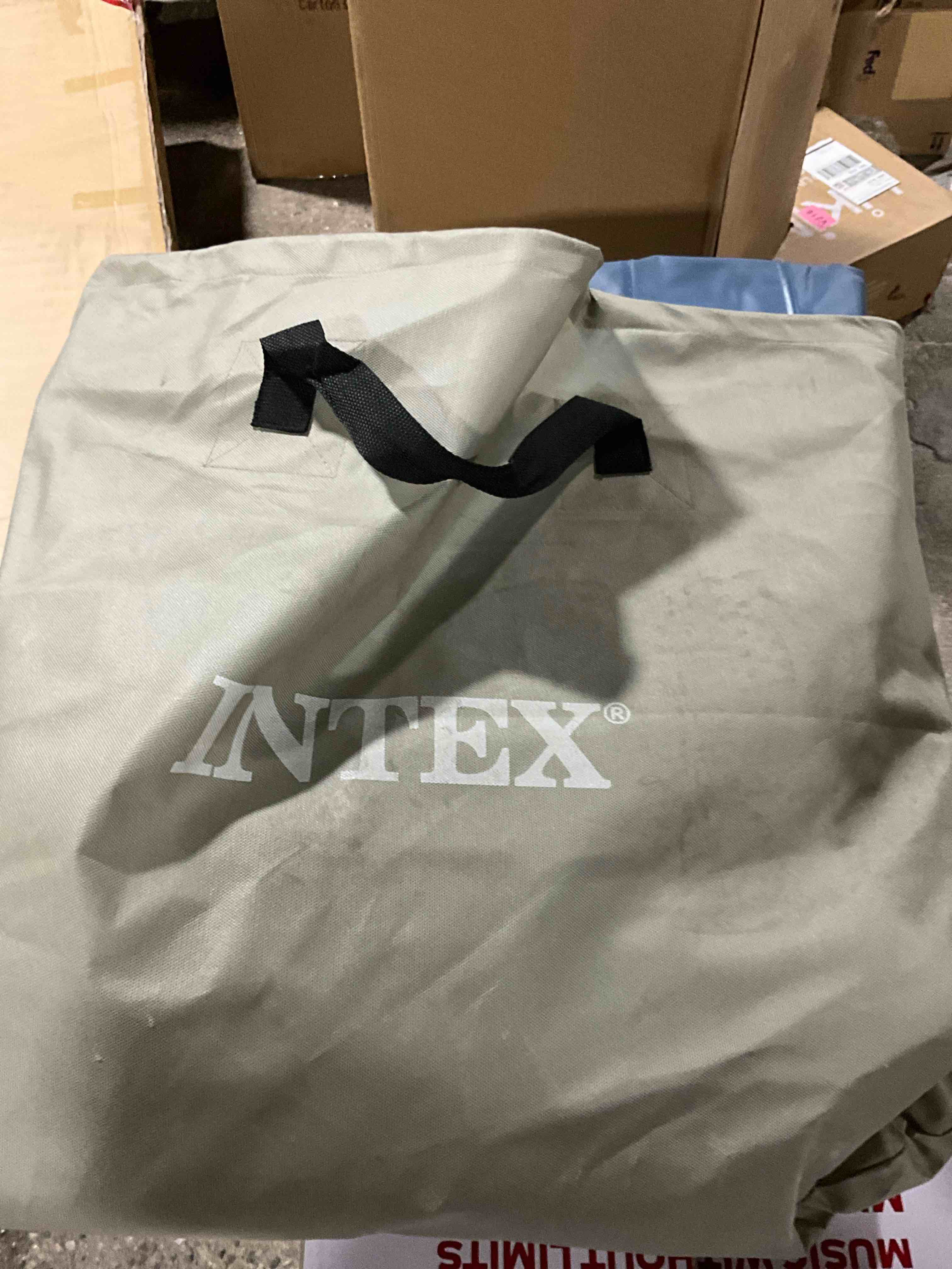 Condition photo showing As Is for intex 64417ed 22in queen dura-beam comfort plush high-rise inflatable air mattress with built in pump for travel and camping, 600lb weight capacity