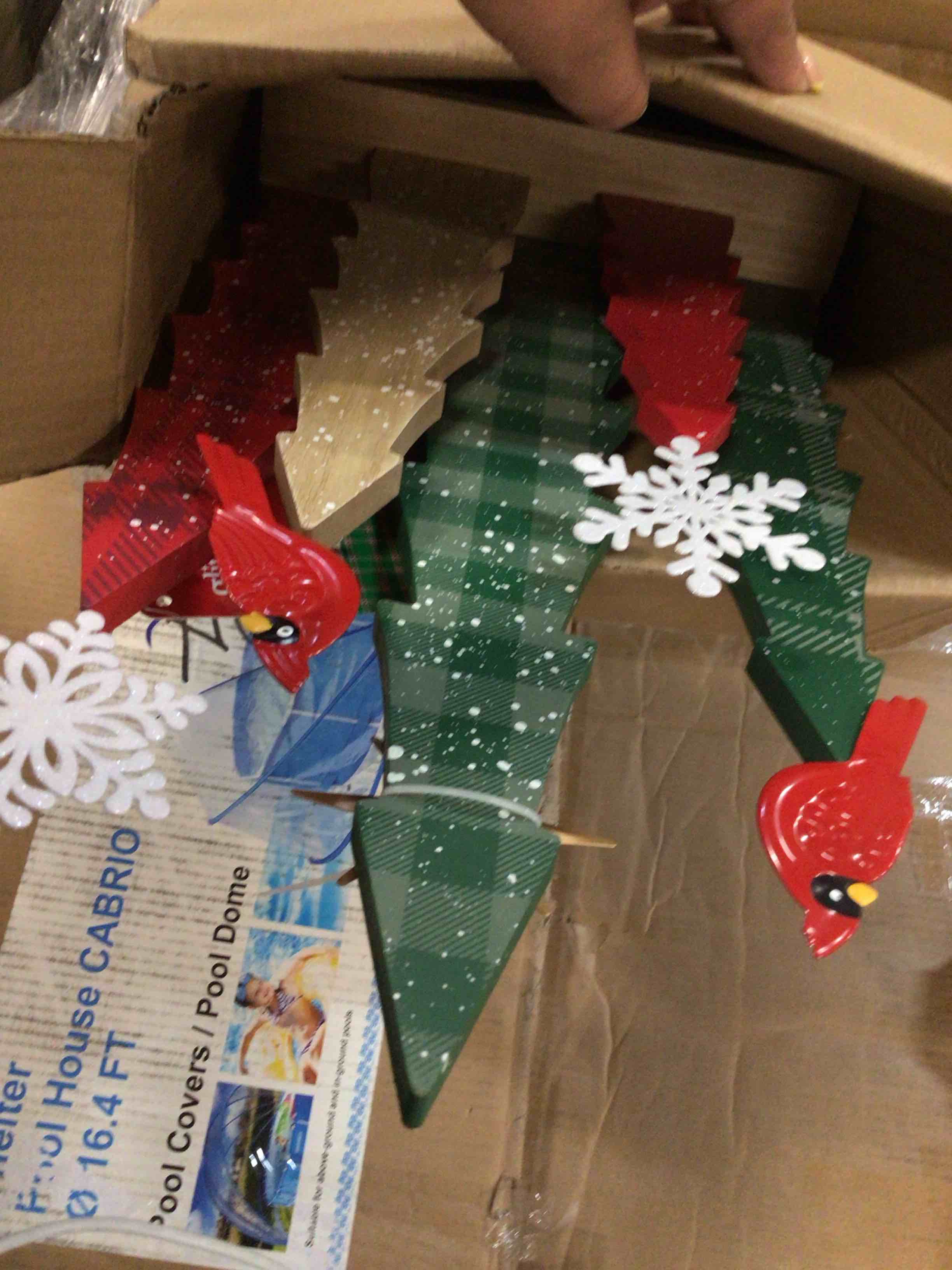 Condition photo showing New/Like New for glitzhome wooden christmas tree table decor, 23.5"h rustic winter holiday tabletop decoration scattered forest set with cardinals, snowflakes & north star for mantel, desk, shelf