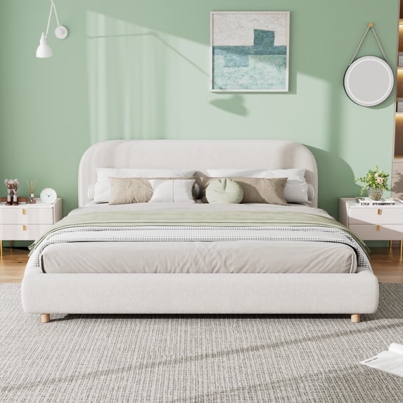 ( incomplete box 2 of 2) LHYY King Size Upholstered Bed With Boucle Fabric,Curved-Shape Design Thick Headboard,Solid Wood Legs,White