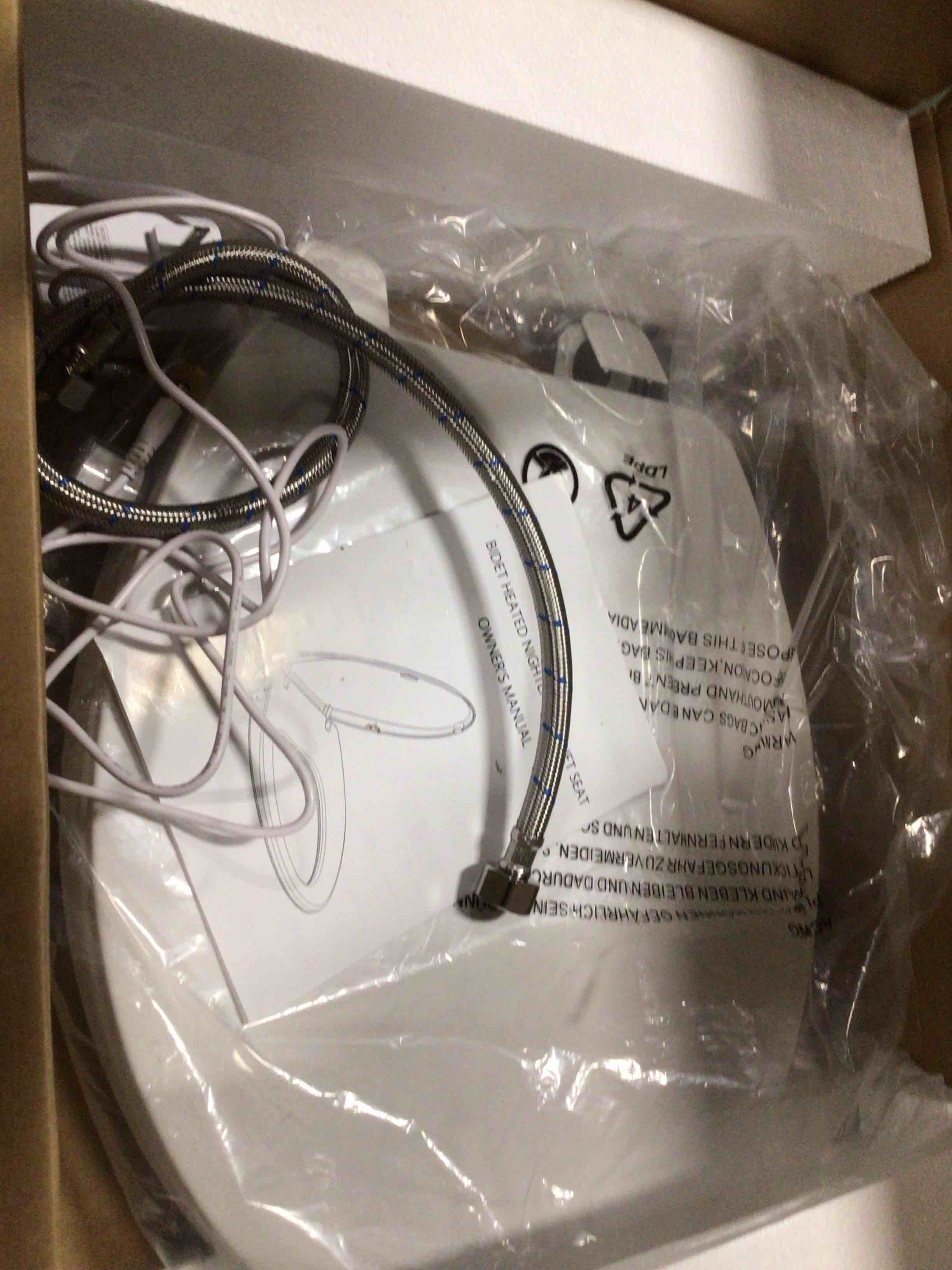 Condition photo showing As Is for electric bidet toilet seat, elongated, warm water with air dryer, heated seat and slow close lid, front and rear wash, led nightlight, wireless remote, white, 101 elongated+electric