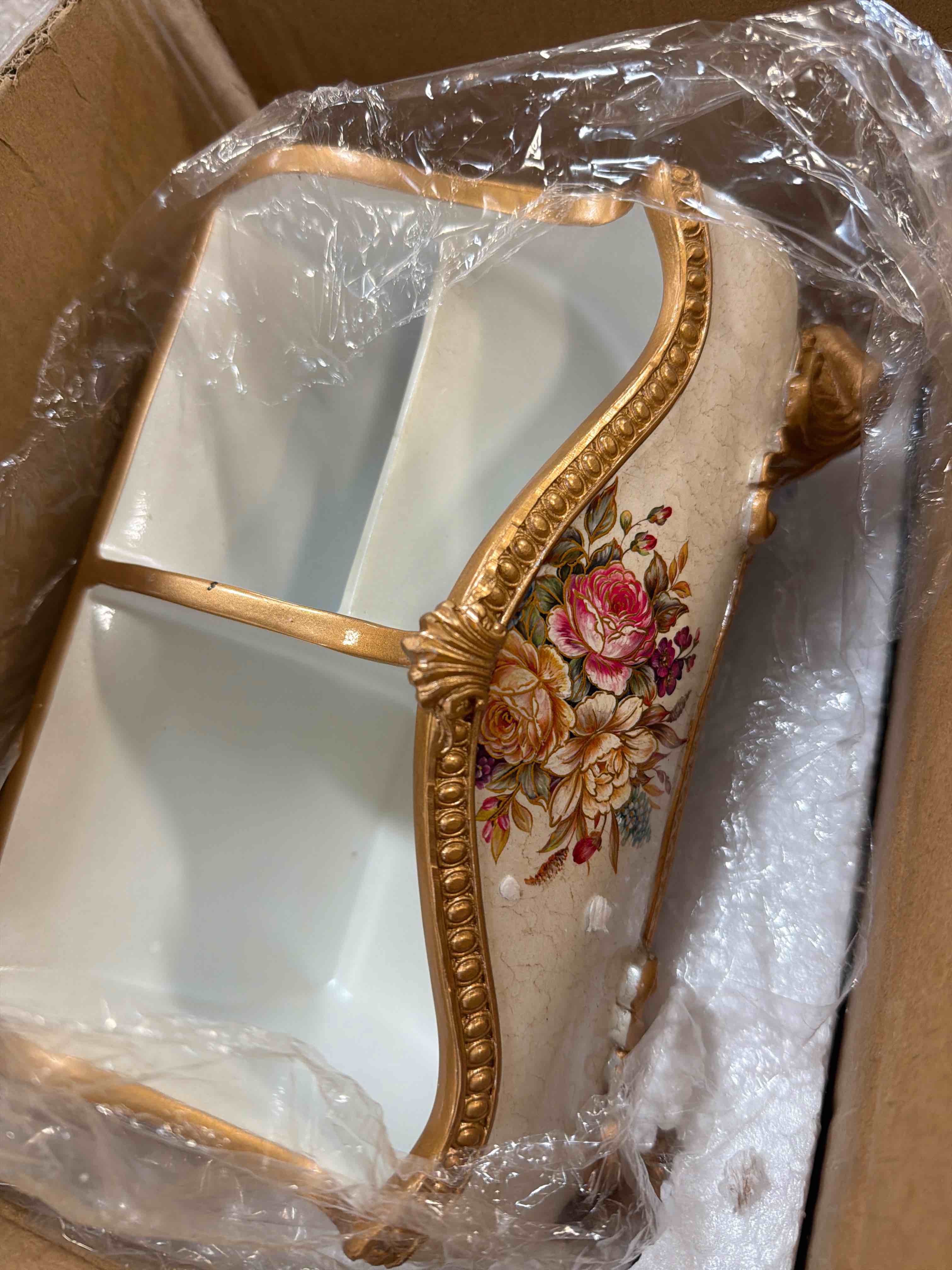 Condition photo showing New/Like New for vintage floral resin tray remote control holder & desk organizer three compartment storage box table home decor
