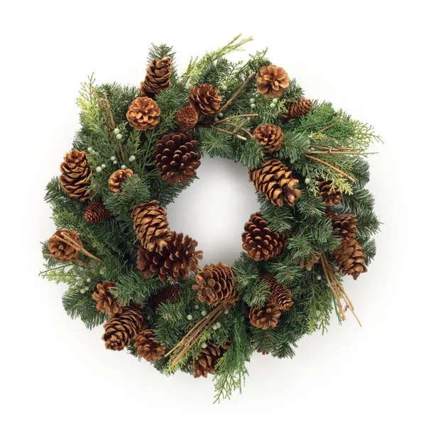 ( similarly)22” evergreen whit  pinecones and burlap ribbon wreath