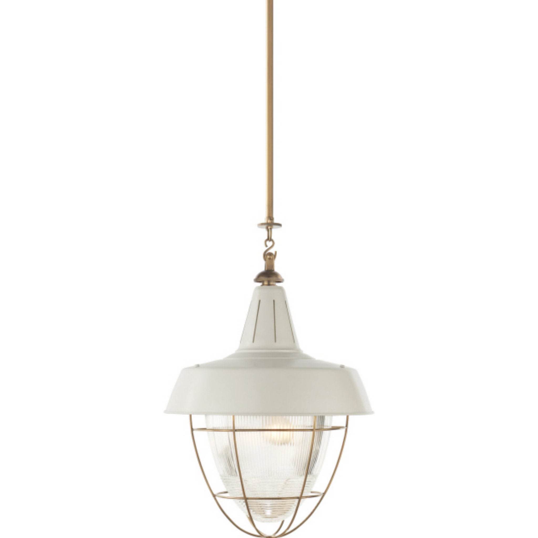 THOMAS O'BRIEN HENRY INDUSTRIAL HANGING LIGHT IN HAND-RUBBED ANTIQUE BRASS WITH WHITE SHADE CEILING