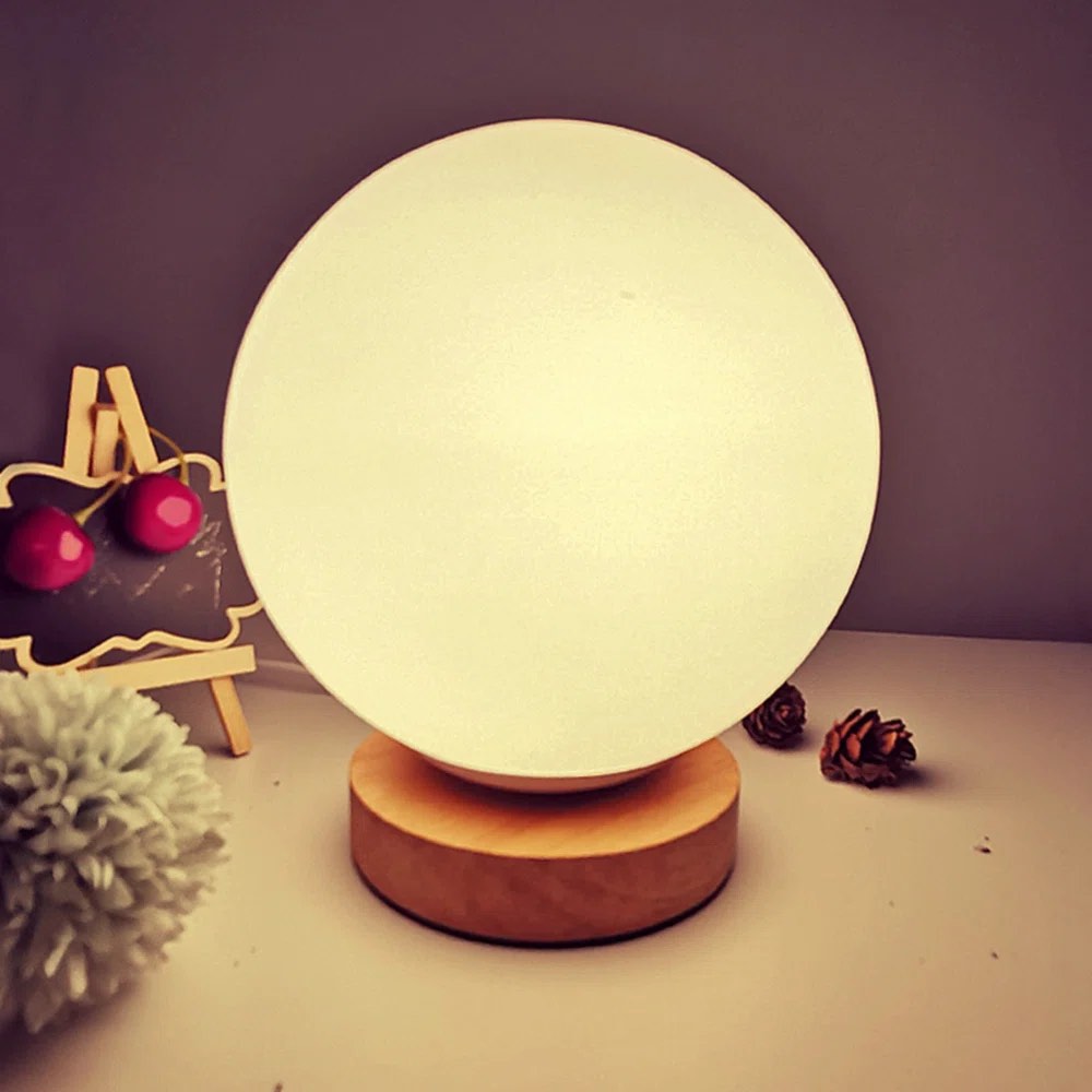 Glass Ball Lampshade Table Lamp Bedside Lamp Night Light with USB Charging with Wood Base Dimmable for Living Room, Bedroom, Home Decor