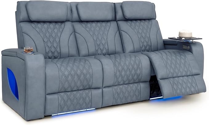 Similar Seatcraft Armada LT Zero-Gravity HeatZero Italian Leather Sofa w/Fold-Down Table Home Theater Seating, Heat & Massage, Power Headrest, Power Recline, Smokey Blue