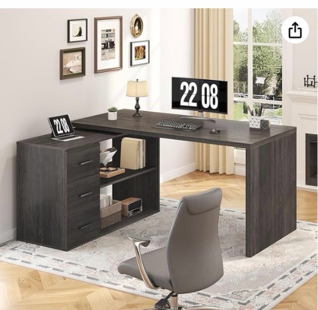 hsh l shaped computer desk with drawers, 360 rotating l shape desk with storage cabinet shelves, industrial home office desk for executive writing study work, dark wood table swivel desk, gray 55 inch