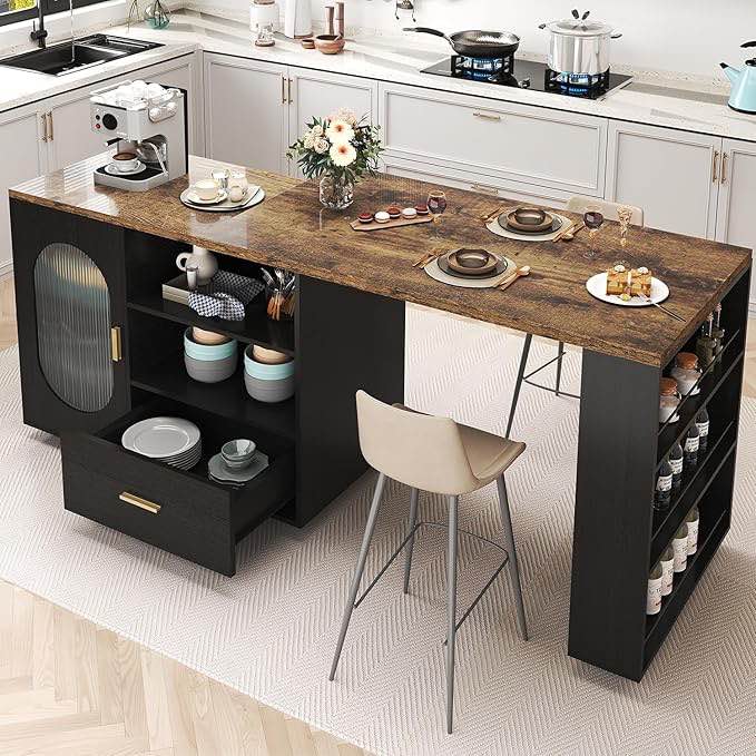 hsh 72" rustic kitchen island with storage, mobile farmhouse kitchen island cart with cabinet, drawer & shelves, island table on wheels for meal prep, dining room & home bar, rustic brown & black oak