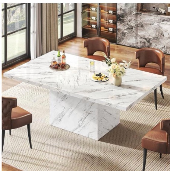 hsh white faux marble dining table, 63 inch modern dinner table for 6 people, farmhouse rectangle kitchen table for living room, large wood dining room tables with strong pedestal, white marble, 63 in