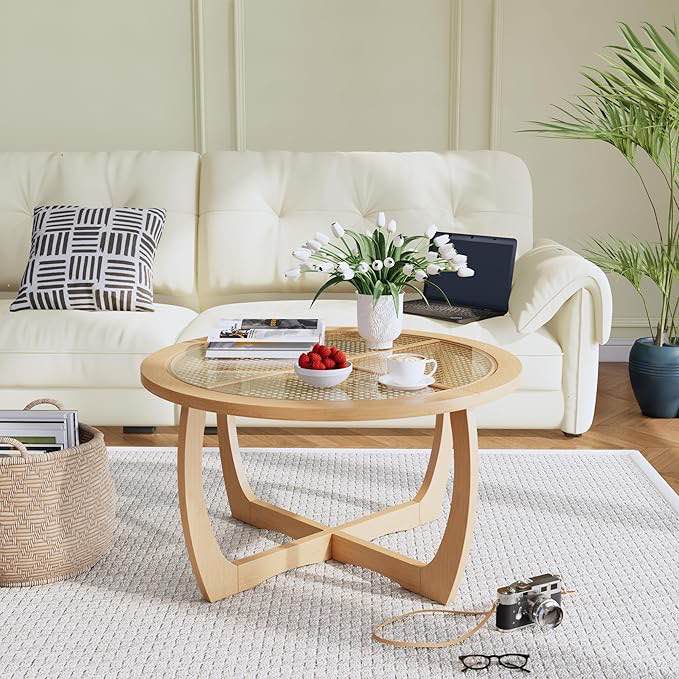 solid wood round coffee table for living room with rattan top and removable glass top , circle center table with criss-cross wood legs , 32.28" d x 18" h, designed home furniture, nature color