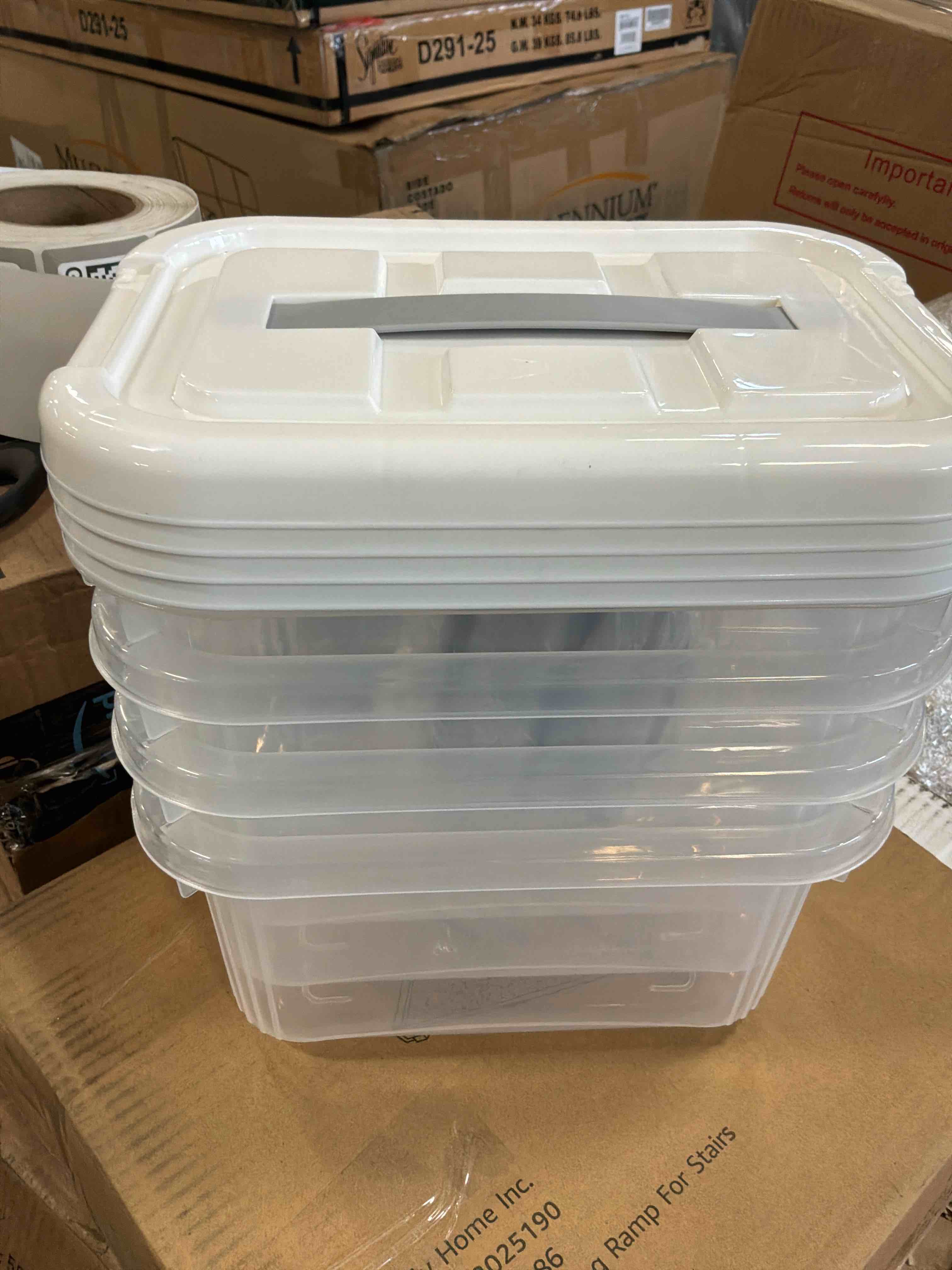 Condition photo showing New/Like New for small plastic storage totes, clear storage boxes set of 4