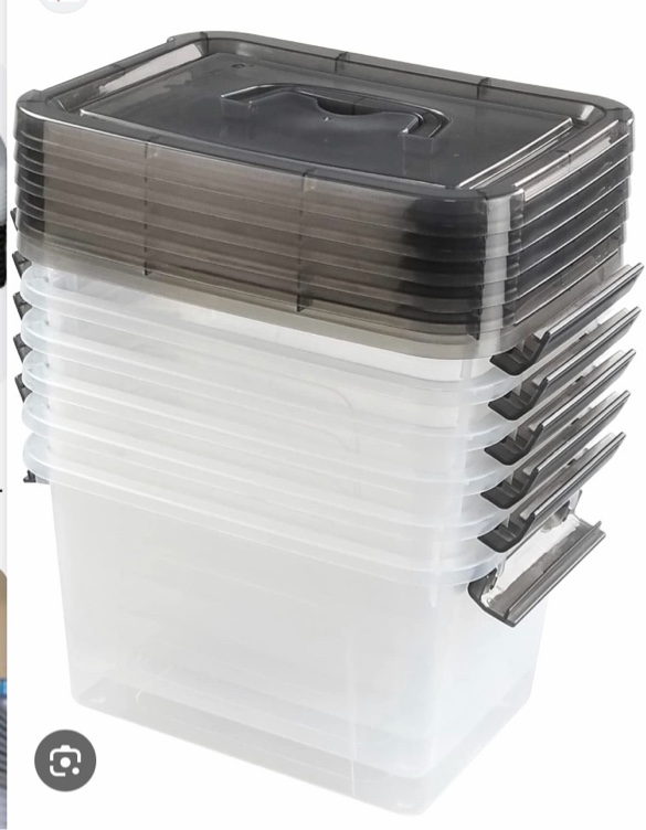 6 plastic storage boxes, small clear box with grey lid
