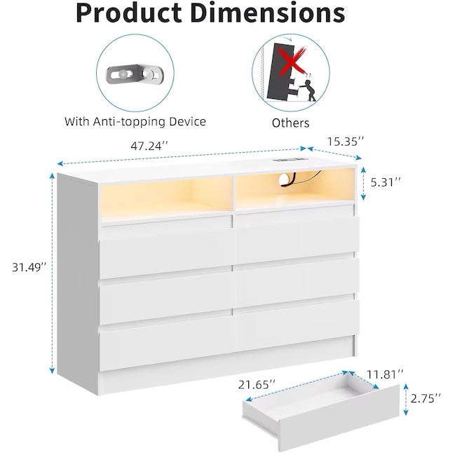 ( incomplete only 1 box )Garvee 6 Drawer Dresser with Charging Station and LED Lights Modern Chest 