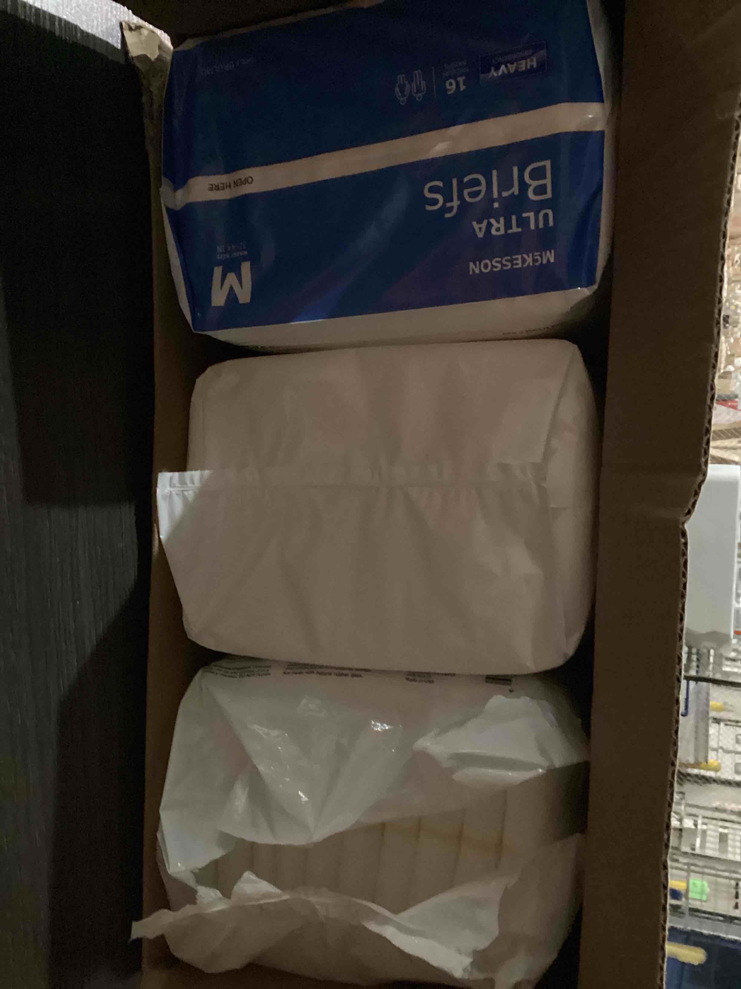 Condition photo showing As Is for McKesson Ultra Briefs, [6 Packs of 16 Count], Size M, 32-44 in. Incontinence Adult Diapers, Heavy Absorbency, Unisex, Disposable, Elastic Leg Gathers and Contoured Fit for Men and Women