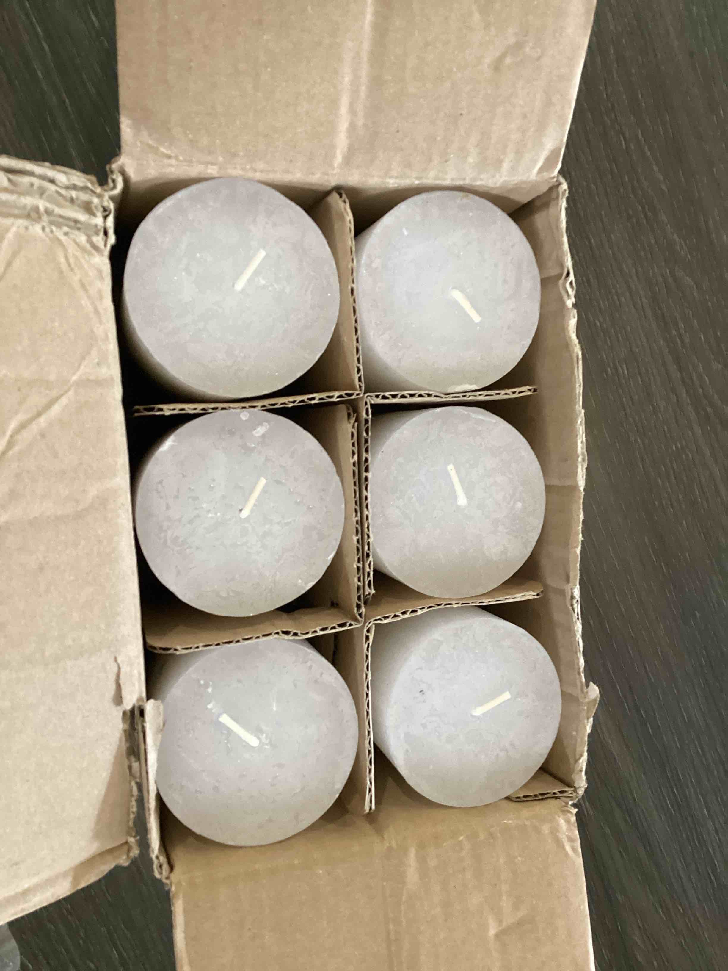 Condition photo showing Good Condition for Rustic Pillar Candles, Fading Metallic White & Champagne