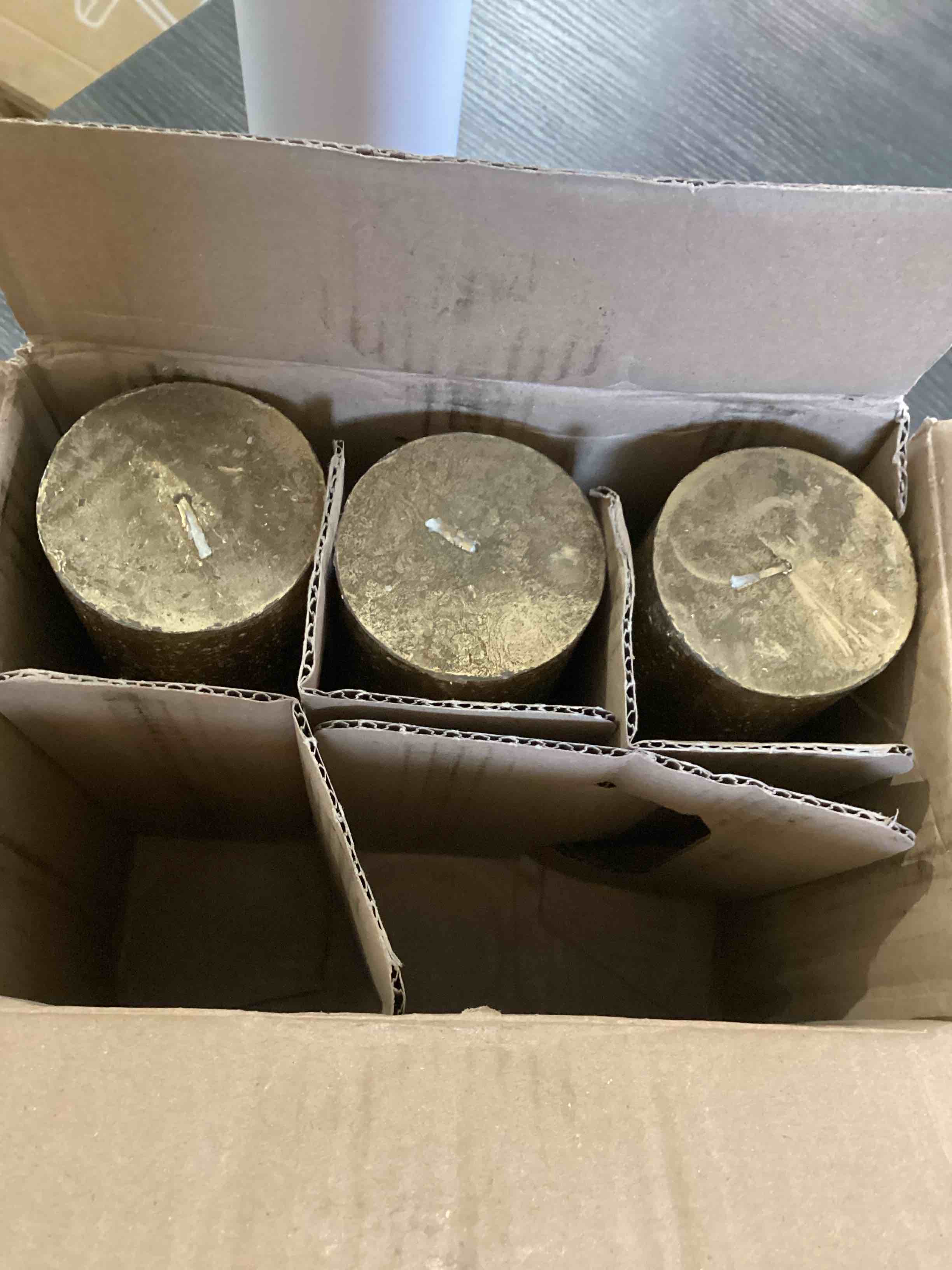Condition photo showing As Is for Rustic Pillar Candles, Metallic Gold, Setbof 3