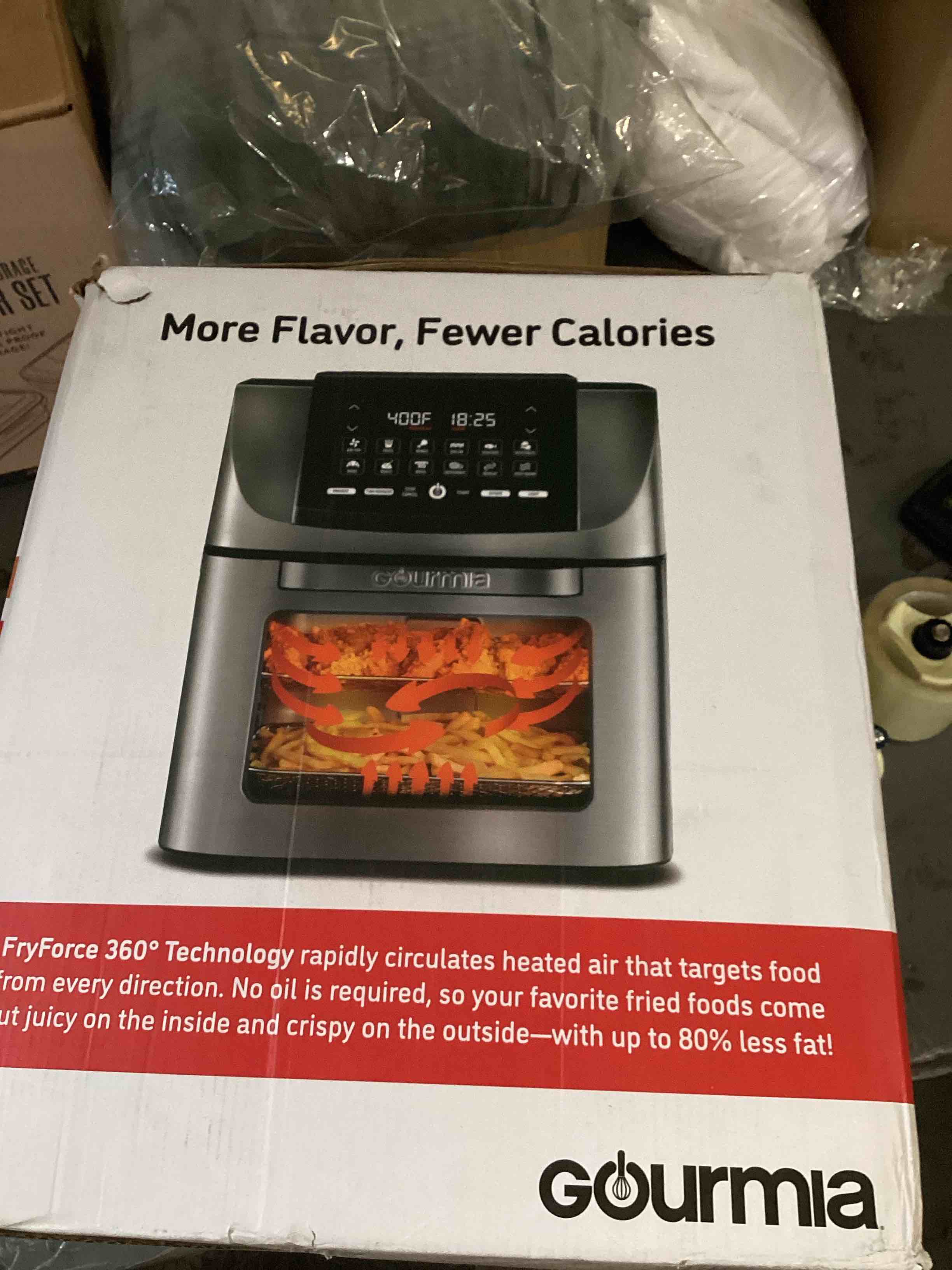 Condition photo showing As Is for Gourmia Air Fryer - 14 Qt All-in-One Rotisserie Oven with Digital Display, 12 Presets, Roast, Bake, Broil, Dehydrate, Dishwasher Safe Accessories, Stainless Steel