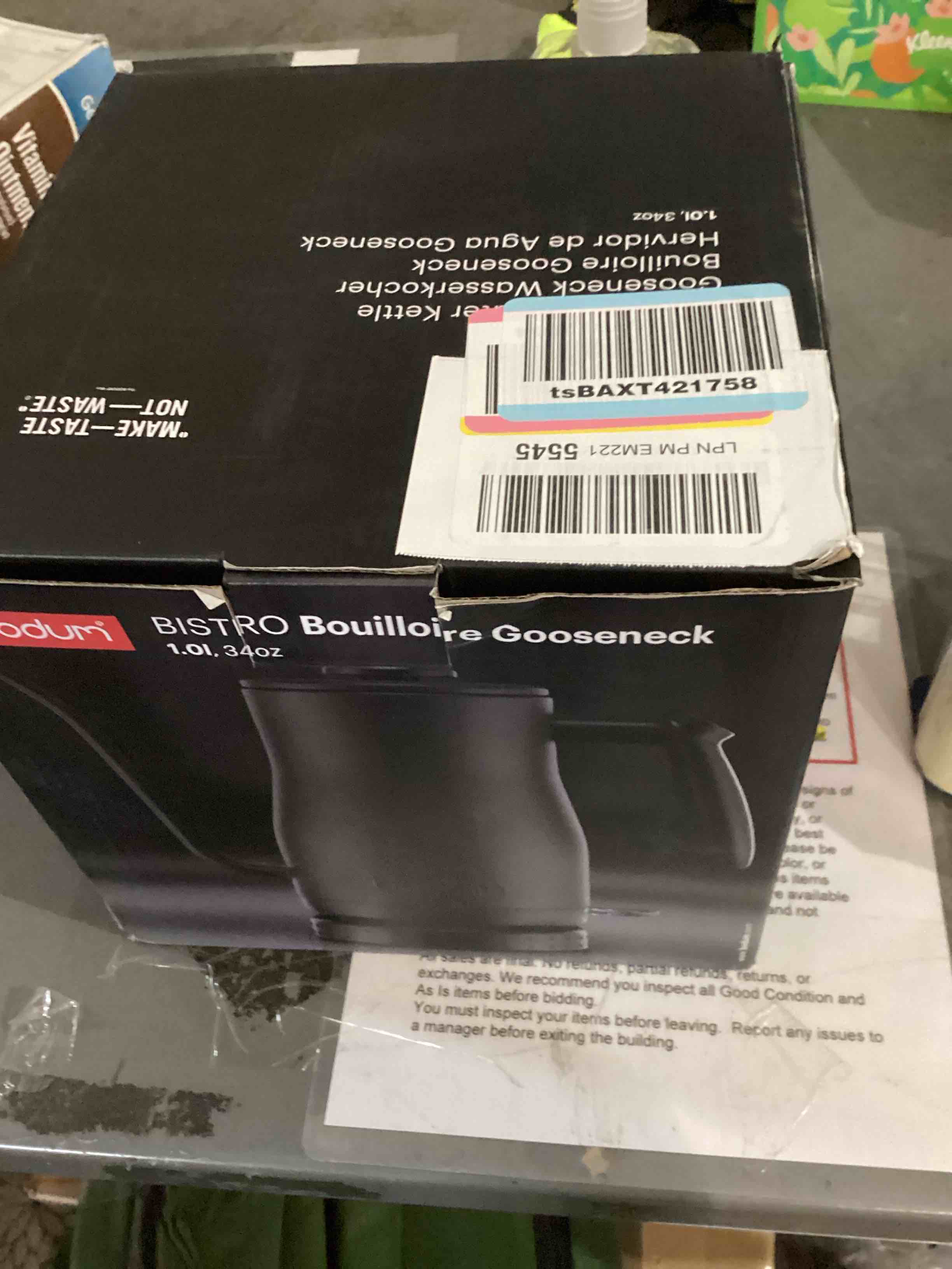 Condition photo showing As Is for Bodum 34oz Bistro Gooseneck Electric Water Kettle, Pour Over Coffee & Tea, Stainless Steel, Matte Black