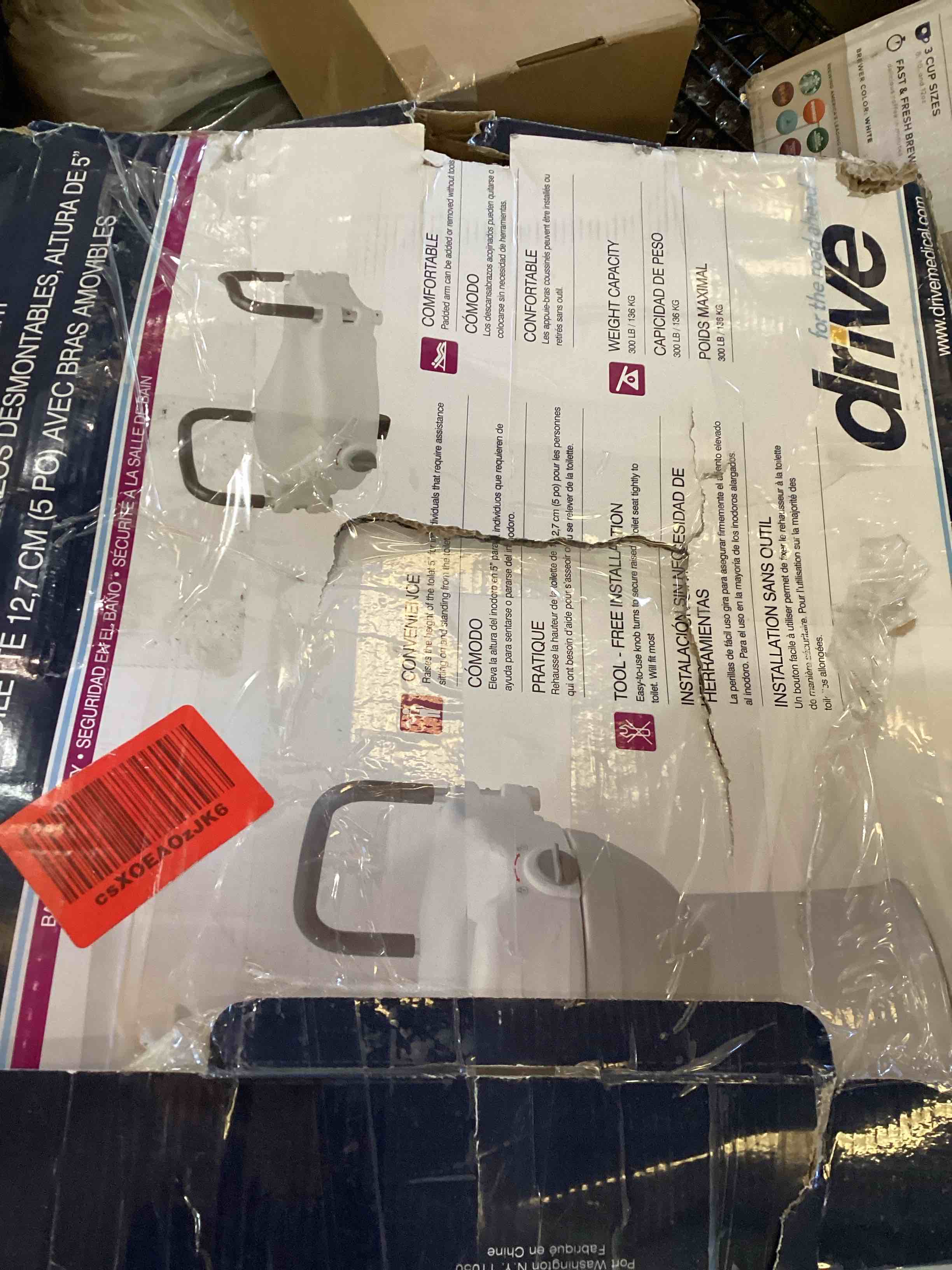 Condition photo showing As Is for Drive Medical 2-in-1 Raised Toilet Seat with Removable Padded Arms - Elevated Bathroom Safety Support - Secure Locking Attachment - Easy Height Assistance - Durable Plastic Construction Standard