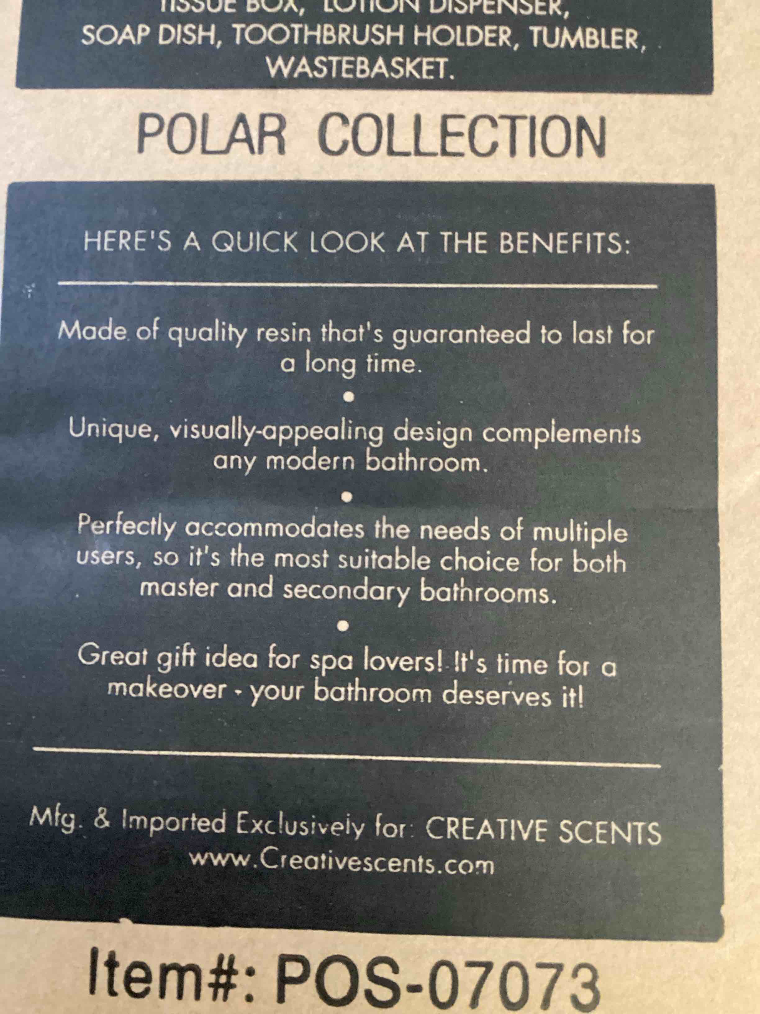 Condition photo showing As Is for Creative Scents Polar White Bathroom Accessories Set with Trash Can - 6 Piece Bathroom Set Features: