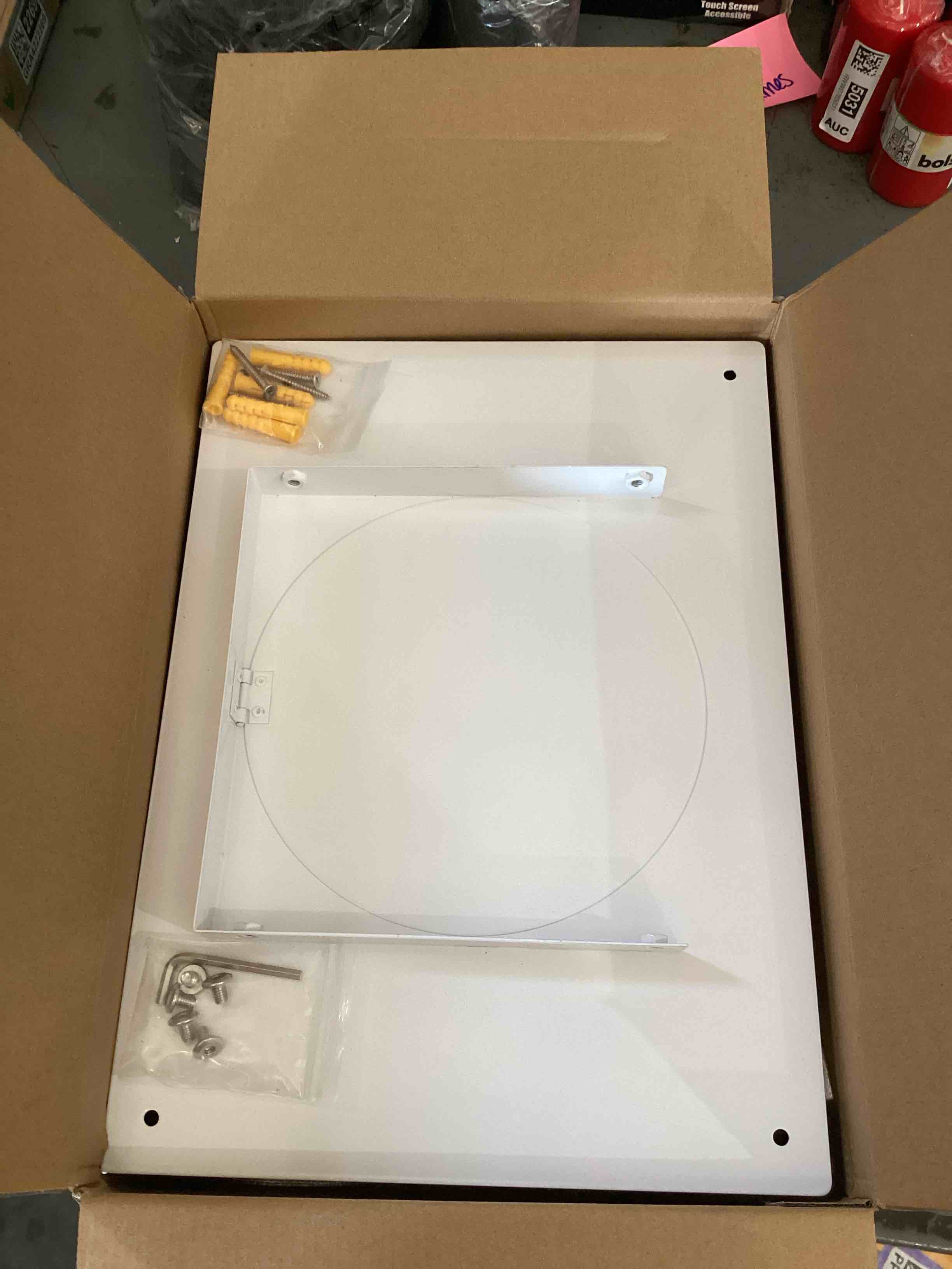 Condition photo showing As Is for 8 Inch Dryer Vent Cover Outside, Roof Vent Cap, Wall Vent Cover Outdoor Hooded Wall Vent with Backdraft Damper for Dryer Kitchen Bathroom Range Hood HVAC Duct Vent, Galvanized Steel 8 Inch White