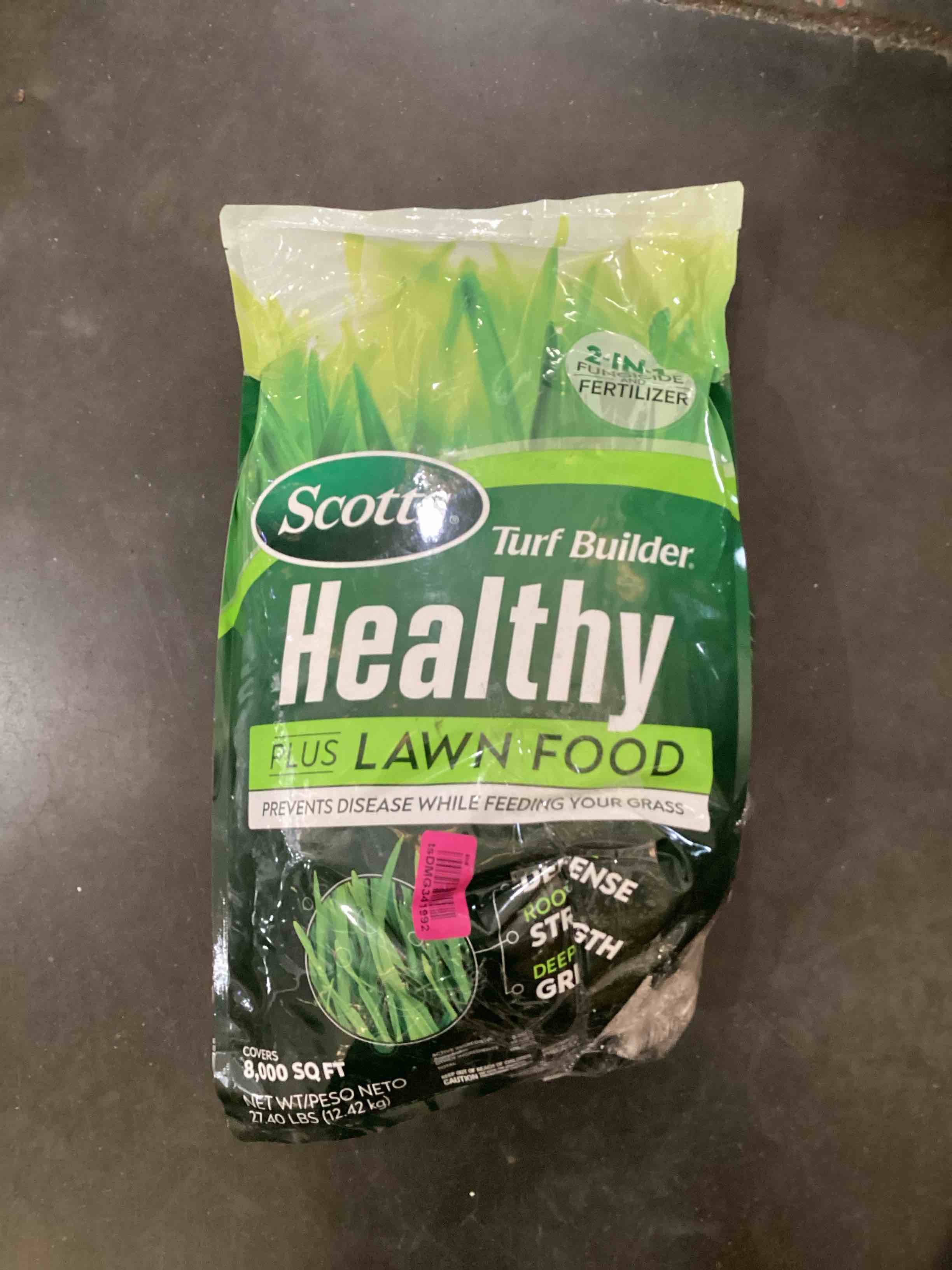 Condition photo showing As Is for Scotts Turf Builder Healthy Plus Lawn Food, 2-in-1 Fungicide and Fertilizer, Helps Grass Withstand Summer Stress, 8,000 sq. ft., 27.40 lbs. 8,000 sq ft. Standard