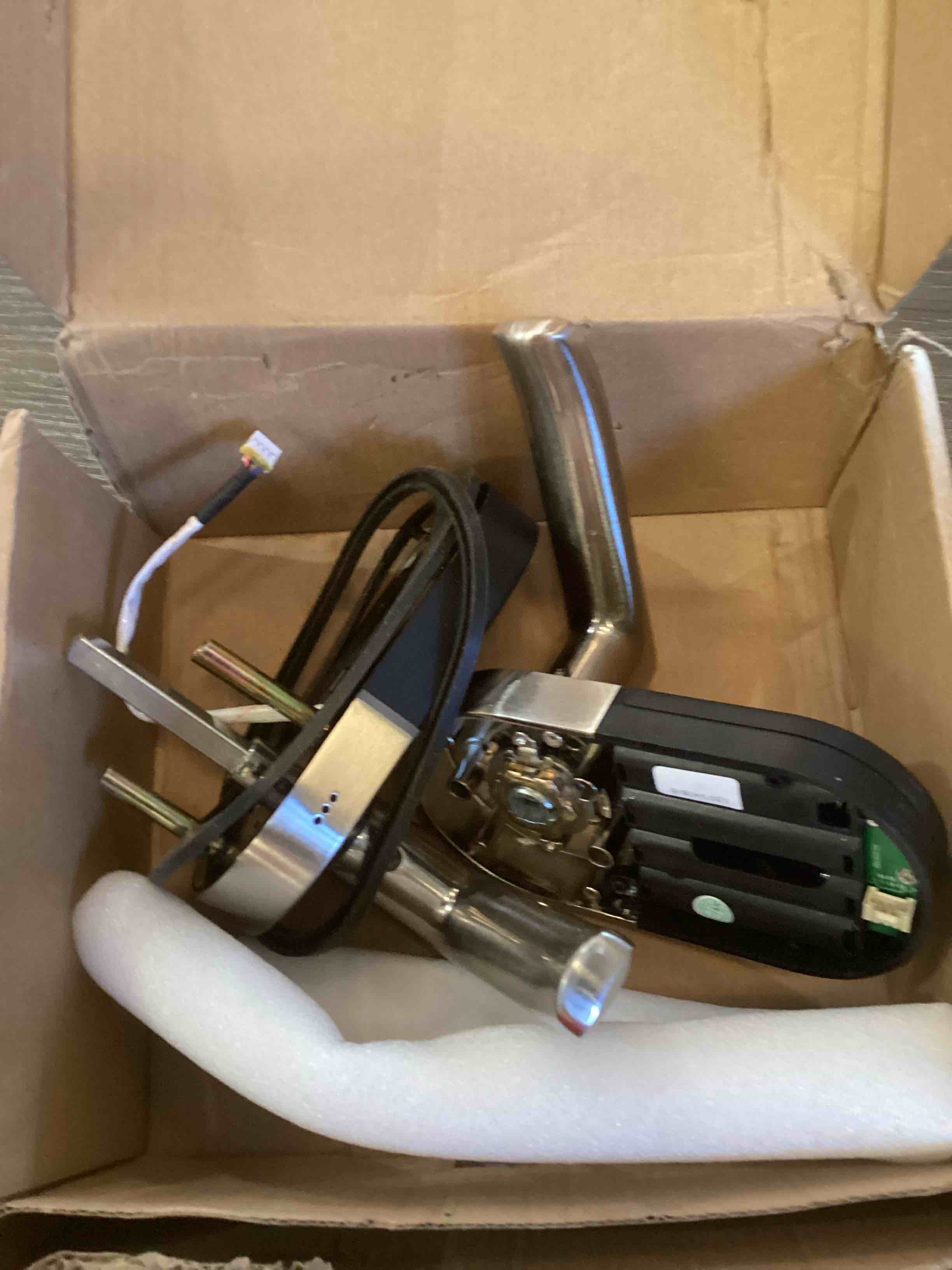 Condition photo showing As Is for smart keypad door lock with handle: nice digi keyless entry fingerprint lock for front/interior door, electronic digital lock with code, easy installation(model x1) black-sliver